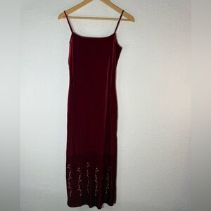 Vintage Forever Wear Red Velour Slip Maxi Dress Floral Beaded Hem USA Made